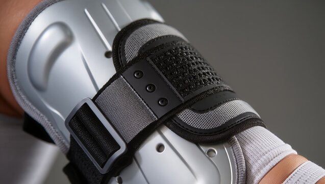 Close-up of shin guard straps being secured around a leg, highlighting fabric and Velcro textures. Ideal for sports preparation and protective gear use