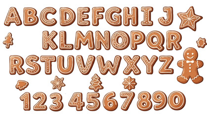 Gingerbread Cookie Alphabet and Shapes – Holiday Letters, Numbers, and Festive Icons on Transparent Background