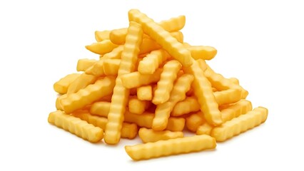 A Pile of Crispy, Golden Crinkle-Cut French Fries on a White Background