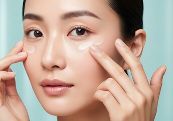Young asian woman applies nourishing cream to her delicate under-eye area, focusing on daily skincare routine and anti-aging prevention.