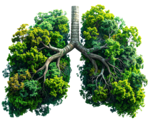 A conceptual illustration of human lungs formed entirely from green leafy trees, fron 
