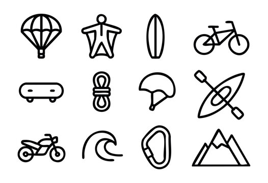 Set of extreme sports icons in bold-line minimalist style: parachute, wingsuit, surfboard, bicycle, skateboard, rope, helmet, kayak, motorcycle, wave, carabiner, mountain.