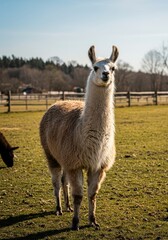 Obraz premium A fluffy llama stands attentively in a sunny pasture on a quiet farm, displaying its thick wool coat, long neck, and gentle, curious demeanor, wool, tan, barn