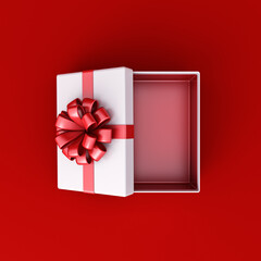 Blank white rectangle gift box mock up open or top view of white present box product display showcase frame tied with red ribbon bow isolated on dark red background with shadow concepts 3D rendering