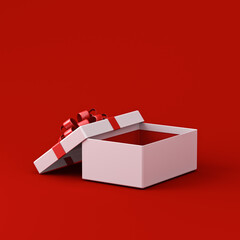 Blank white rectangle gift box mock up or perspective view of white present box product display showcase mock up tied with red ribbon bow isolated on red background with shadow concepts 3D rendering