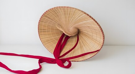 Traditional conical straw hat with a bright red ribbon tie resting on a plain white surface, isolated on white background