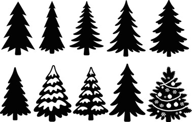 Collection of Ten Black Christmas Tree Silhouettes in Various Conifer and Decorated Styles, Featuring Snow-capped Firs and Holiday Pines, Isolated Vector Illustrations for Winter Graphics.t