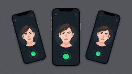 Three smartphones displaying cartoon faces with closed eyes and open mouths in a verification process - Powered by Adobe