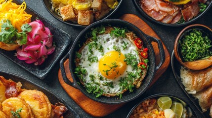 Colorful and Delicious Breakfast Spread Featuring Fried Egg, Fresh Herbs, and Varied Sides Served in Stylish Bowls on Dark Surface