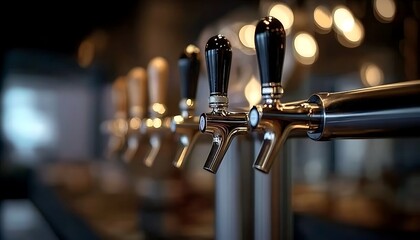 Shiny metal beer taps on bar stand ready to pour fresh drinks to customers