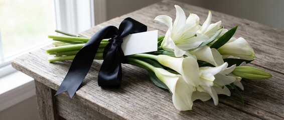 Elegant white lily bouquet with black ribbon on wooden table