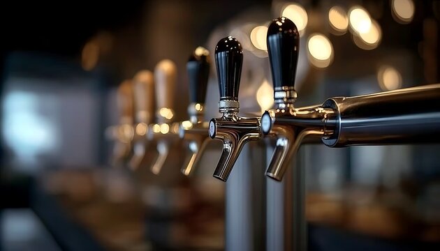Shiny metal beer taps on bar stand ready to pour fresh drinks to customers