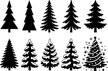 Set of Ten Black Christmas Tree Silhouettes in Various Styles, Including Simple Conifers, Snow-covered Firs, and Decorated Holiday Pines, Isolated Vector Illustrations for Winter Design.