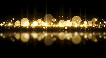 Abstract background of shimmering golden bokeh lights and sparkling particles reflected on a dark surface.