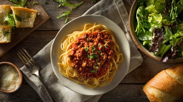 Delicious plate of spaghetti topped with rich meat sauce, fresh herbs, accompanied by leafy salad and toasted bread on wooden table setting