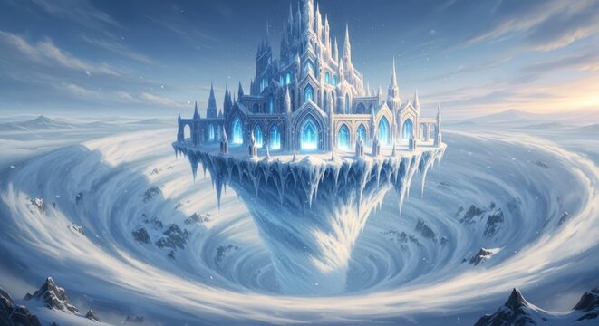 Majestic Ice Castle Floating Above Swirling Clouds - A Winter Fantasy.