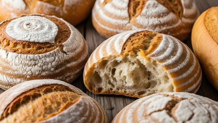 Close up of freshly baked sourdough bread loaves with a rustic crust on a wooden surface table top