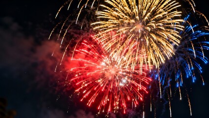 Vibrant red yellow and blue fireworks exploding in the night sky