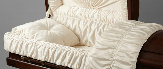 Elegant ivory casket interior with plush bedding and ruffles  