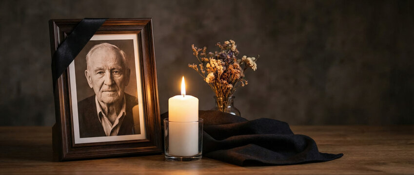 Memorial photo display with candle and flowers on dark background  