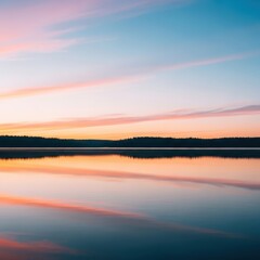 Obraz premium Serene morning landscape featuring glassy water perfectly mirroring the distant forest and soft pastel sky, emphasizing stillness and deep calm, sunrise, evening, heaven