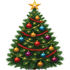 Beautifully decorated christmas tree with colorful ornaments, twinkling lights, and a golden star on top, perfect for holiday celebration and winter season illustration, isolated on