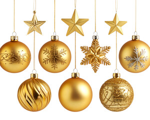 A set of golden Christmas ornaments&mdash;including ornate snowflakes, stars, and glossy ba 