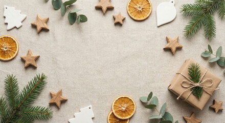 Minimalist Natural Christmas Border with Dried Oranges and Wooden Stars