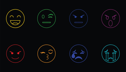 Neon emoji faces a spectrum of emotions in glowing outlines on black