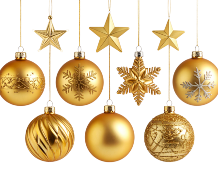 A set of golden Christmas ornaments—including ornate snowflakes, stars, and glossy ba