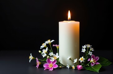 A single white candle with delicate flowers on a stark black background, evoking serenity and remembrance, tribute, quiet, subtle