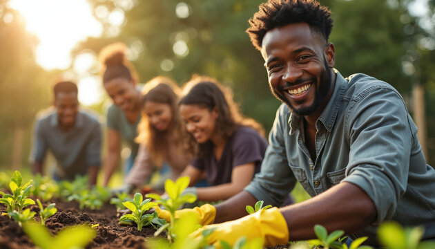 Happy diverse people plant young seedlings in garden. Group works together outdoors under bright sun, enjoying community farm activity. Volunteer, growing fresh produce, smiling gardening. Teamwork