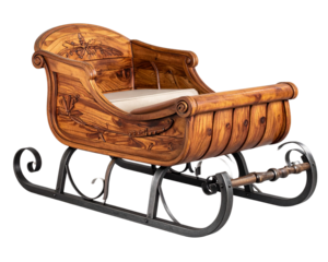 A traditional wooden Christmas sleigh captured from a straight-on front view, showcas 