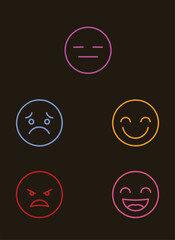 Neon emoji faces expressing various emotions on a dark background for digital use