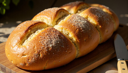 Three Kings bread on wooden board with knife in modern casual style  