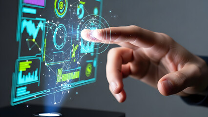 Hand interacting with futuristic digital interface and data visualization
