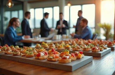 Office meeting with canapes and snacks on table. People in suits talk and discuss during a business event. Food served for corporate gathering or team building.
