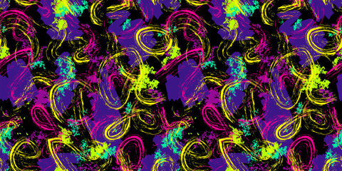 Vector abstract chaotic brush strokes seamless pattern. Neon paint splashes, graffiti, ink grunge texture. Urban street style background. Repeating creative colorful design for kids, teens, activewear