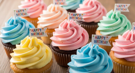 A collection of colorful cupcakes with happy birthday flags on a wooden surface for a celebration ai generated