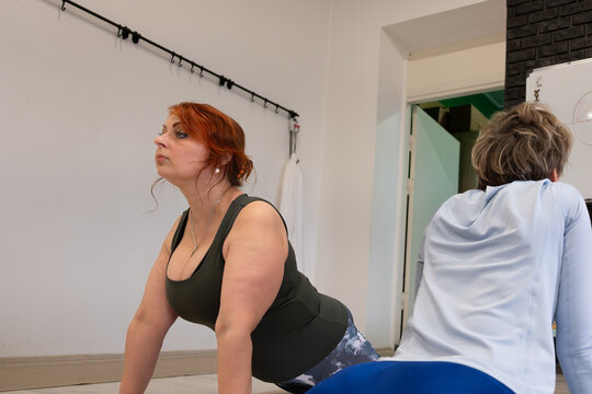 Two women practicing yoga in a bright studio, one in downward dog pose, the other in child's pose, showcasing physical and mental wellness through movement and meditation - Powered by Adobe