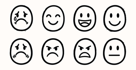 Hand drawn emotion faces a variety of expressions depicted in simple sketches
