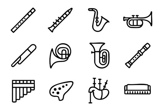 Set of minimalist wind instrument icons in bold-line style: flute, clarinet, saxophone, trumpet, trombone, horn, tuba, recorder, pan flute, ocarina, bagpipe, harmonica.