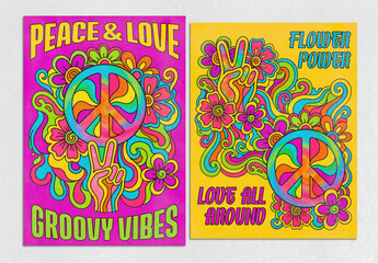 Flower Power Groovy Vibes Graphic Poster Layout Set