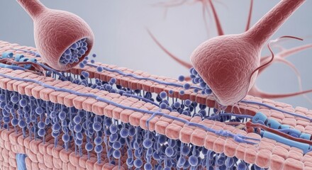 Synapse and neurotransmitter release at the neuromuscular junction, neural communication and signaling illustration