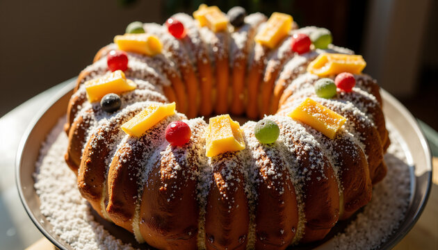Rosca de Reyes topped with candied fruit and sugar crystals on a plate  