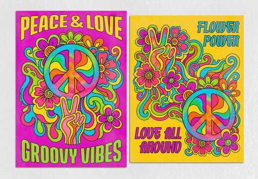 Flower Power Groovy Vibes Graphic Poster Layout Set