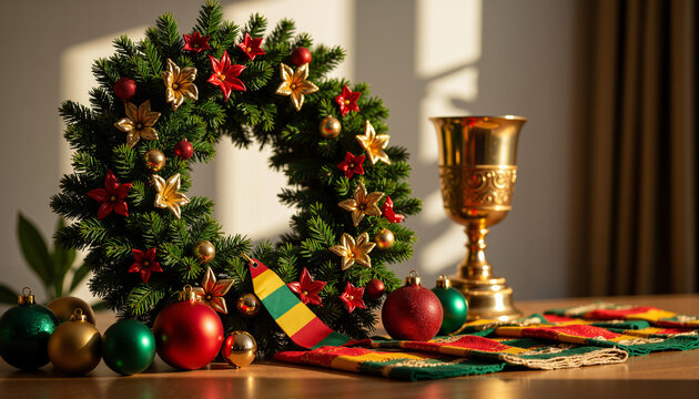Kwanzaa festive wreath near unity cup and holiday banner in modern style