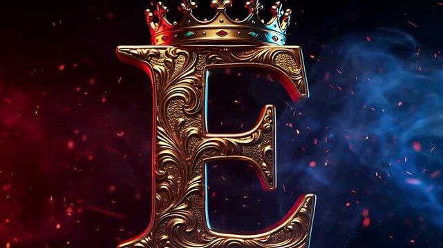 Golden letter E with crown artistic ornate design and background