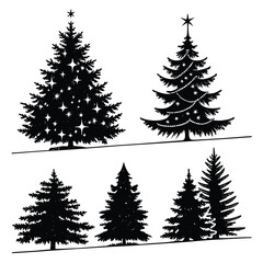 Eight black christmas trees in a row decorative design
