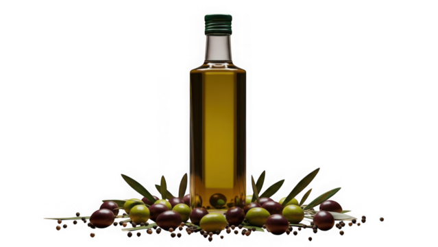 Bottle of olive oil surrounded by fresh green and black olive fruit isolated on transparent background